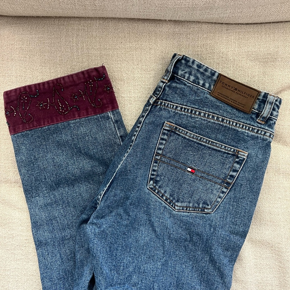 Tommy Hilfiger Vintage Rare Women's Blue Jeans with Purple Embroidered Cuffs